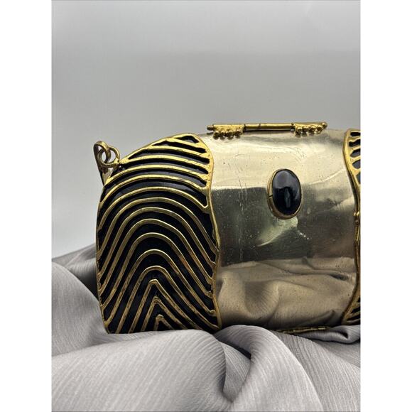 Vintage Oval Bag Golden Black Brass Onyx Stone Small Strap Black Nylon 4*7 - Picture 2 of 7